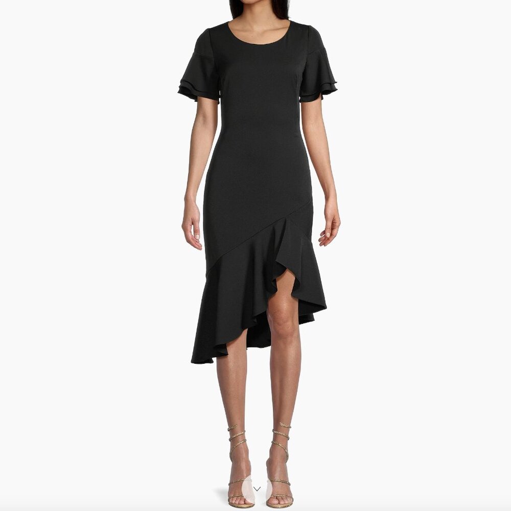 NWT Black Halo Ruiz Asymmetric Ruffled Black Dress